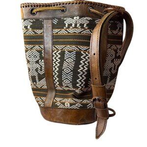Vintage Woven Leather Bucket Bag With Aztec-Inspired Pattern & Adjustable Strap